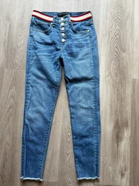 Veronica Beard Jeans, size 25/0, denim w/ red white & blue band at waist, skinny
